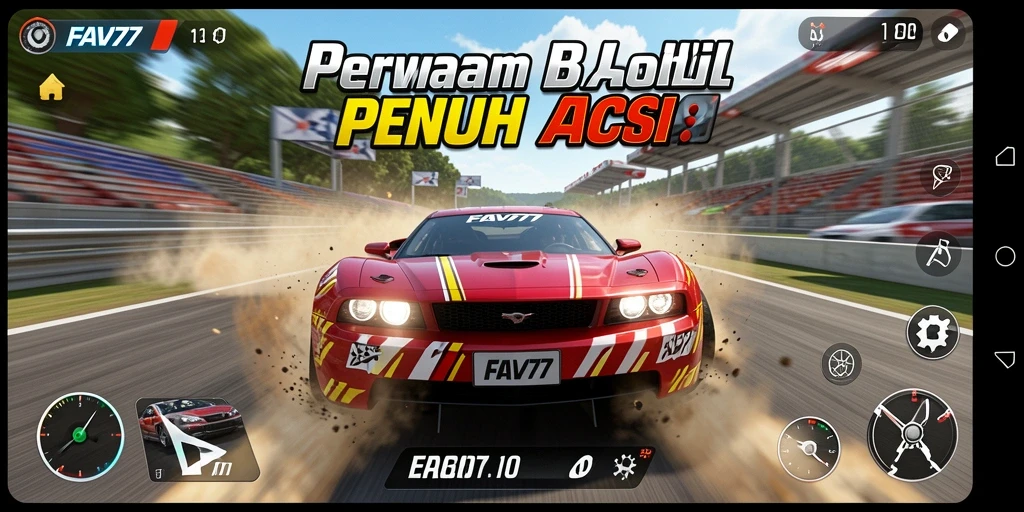 Tampilkan gameplay balap mobil di lintasan yang menantang.