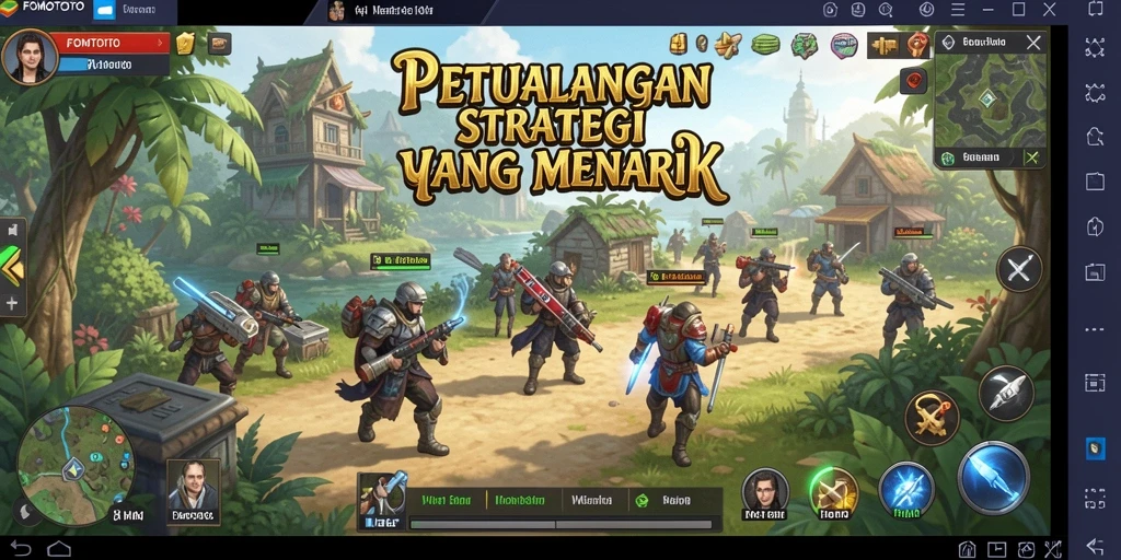 Tampilan screenshot gameplay FOMOTOTO yang menampilkan strategi membangun dan bertarung.
