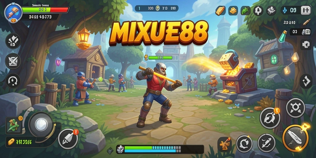 Tampilan gameplay <strong>MIXUE88</strong> dengan karakter yang berinteraksi di dunia virtual.